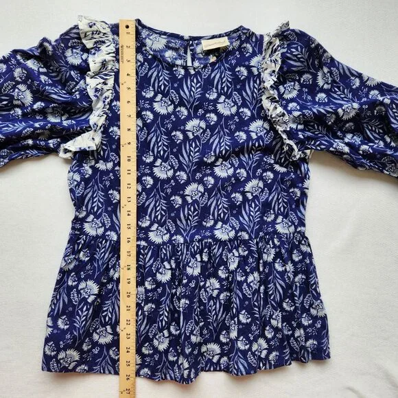 Boho Floral Peplum Top Ruffled Cottage Core Blue Prairie Feminine Romantic XS - Picture 11 of 12